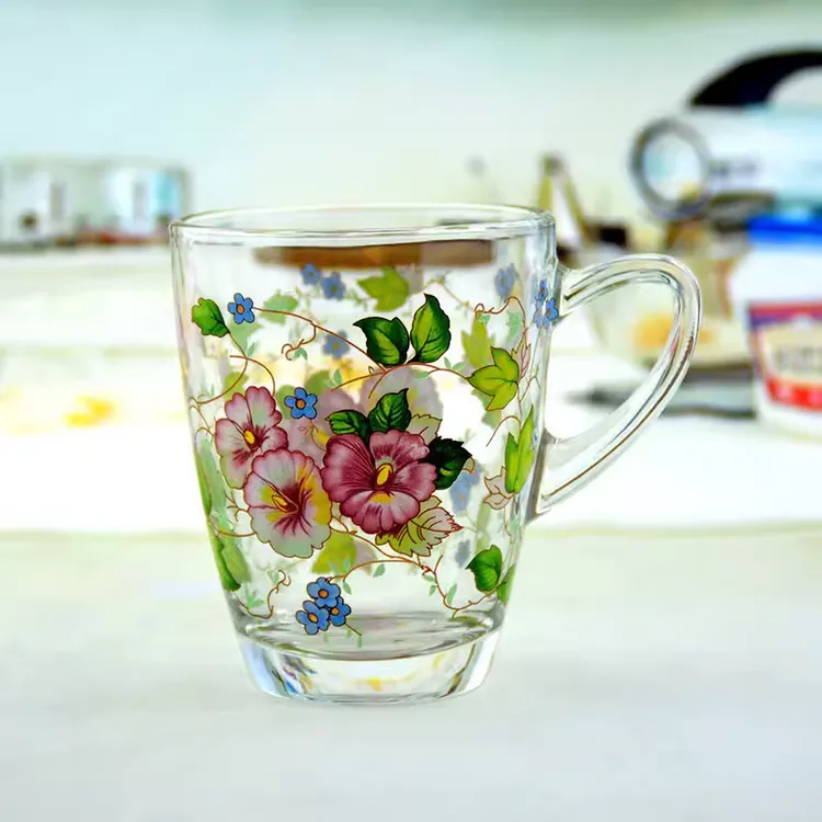 韩国韩式带把玻璃水耐热家用杯办公杯带手柄茶杯印花杯可微波炉