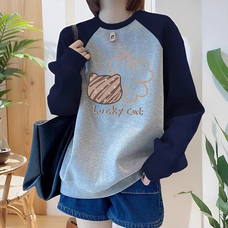 撞色卫衣女圆领无帽宽松大码早秋薄款美式复古插肩袖加绒上衣外套