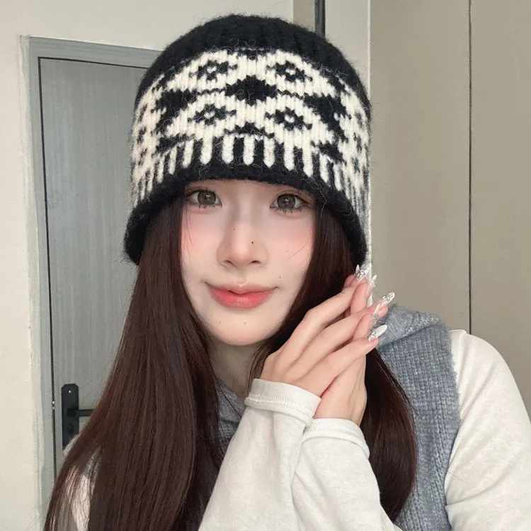 秋冬季提花复古针织帽子女保暖毛线帽情侣套头帽潮酷冷帽