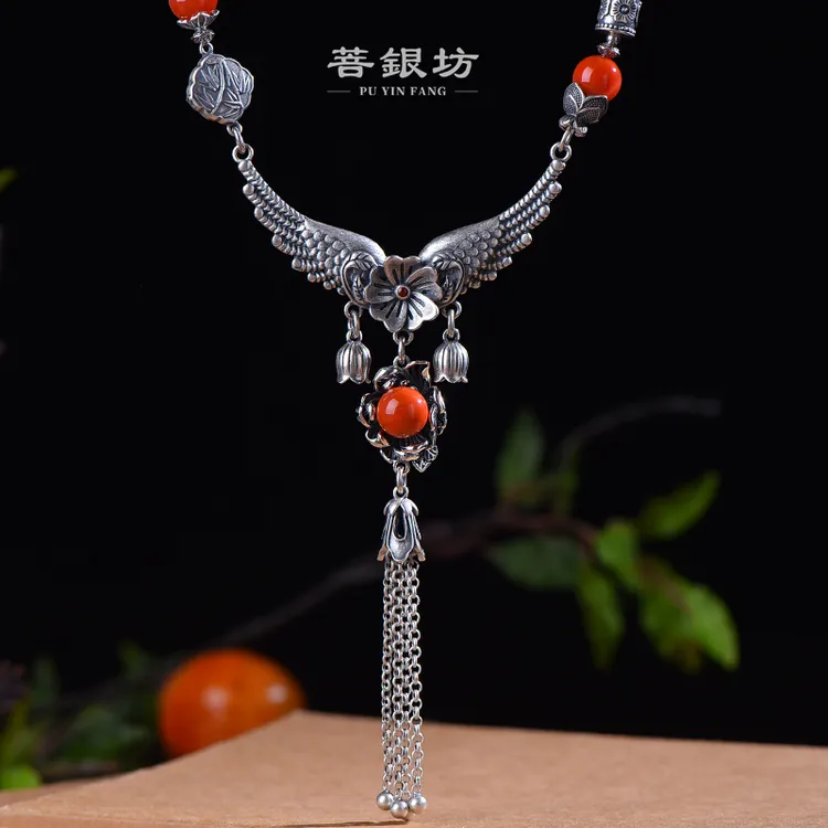 【菩银坊】南红S925银 天使之翼牡丹流苏红珠项链 50+5cm