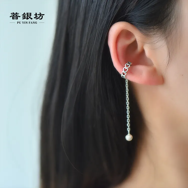 925银耳饰 【菩银坊】心心相印链条耳骨扣                      