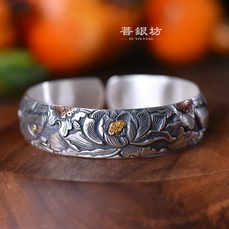 足银手镯 【菩银坊】重工花开富贵 双鱼戏莲手镯  足银999 67g     