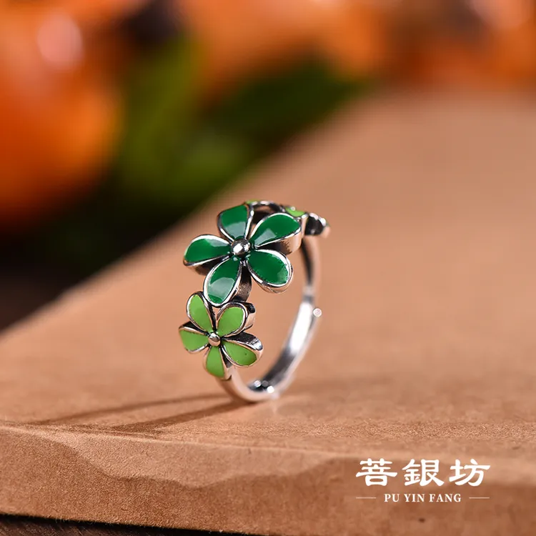 925银珐琅戒指 【菩银坊】繁花戒指 春意盎然 绿森林 五福花戒指