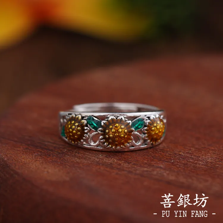 925银珐琅戒指 【菩银坊】向日葵戒指 向阳花 太阳花 情侣款 520