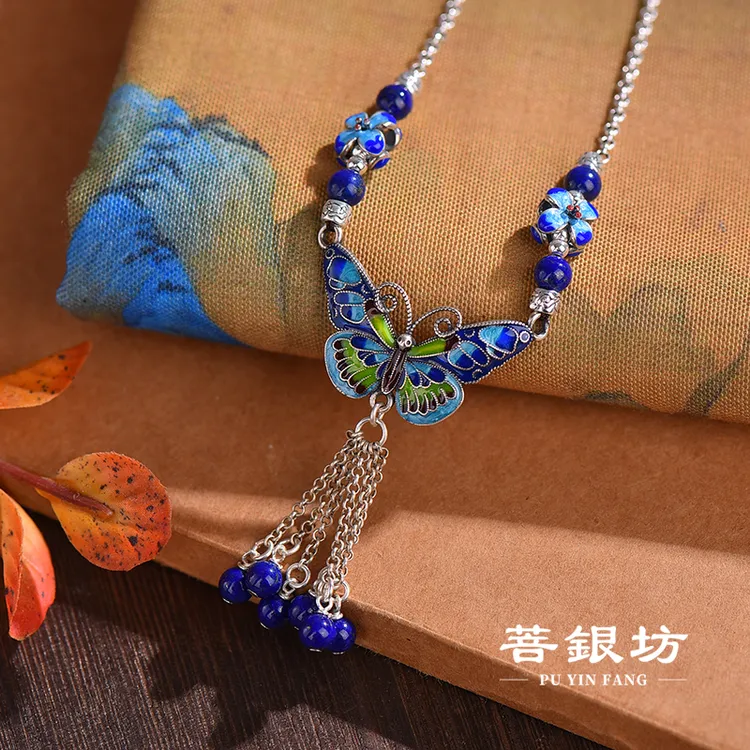 链子925银 【菩银坊】蝴蝶项链总长50cm手工 重工 复古 流苏       