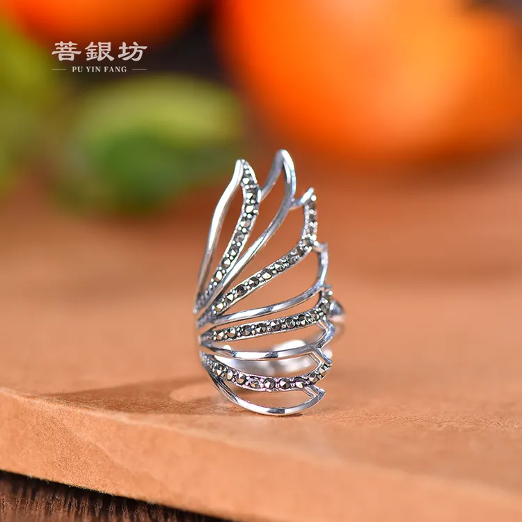 925银戒指 【菩银坊】 天使之翼凤尾戒指手工指环银色民族风礼物   