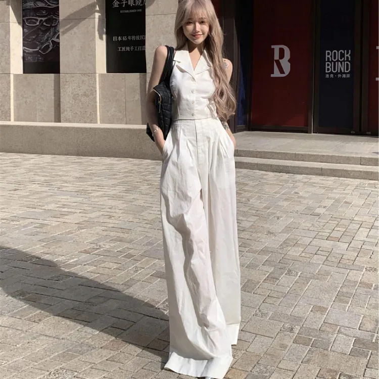 韩式气质女神穿搭2024夏季新款西装领无袖马甲上衣高腰阔腿休闲裤