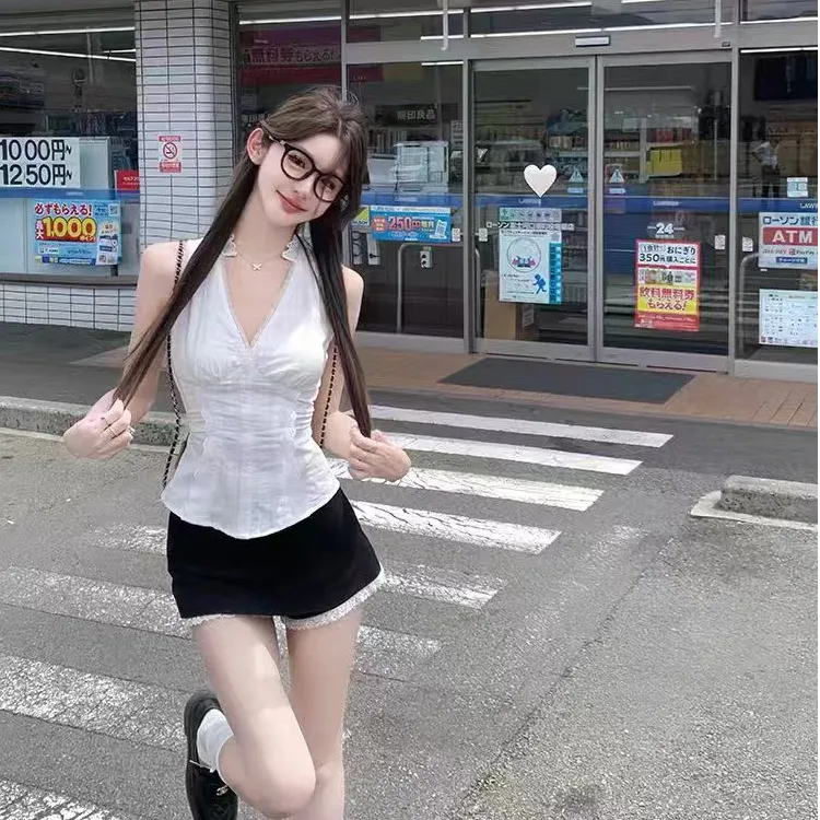 2024年纯欲无袖翻领挂脖衬衫上衣女夏季修身高腰裙裤时尚百搭