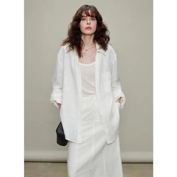 白色棉麻衬衫慵懒老钱风白衬衫防晒长袖衬衫宽松显瘦高级感ins风