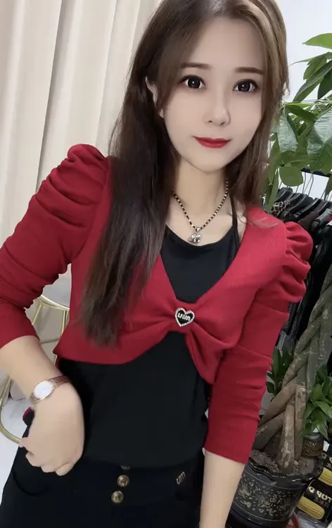 打底衫女款爆款秋装新款女士假两件上衣修身显瘦长袖T恤绑带圆领