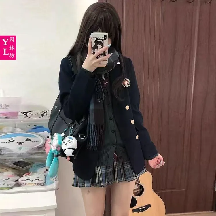 原创jk制服西装外套秋冬季女双排扣学院风长袖黑色校供感收腰西服