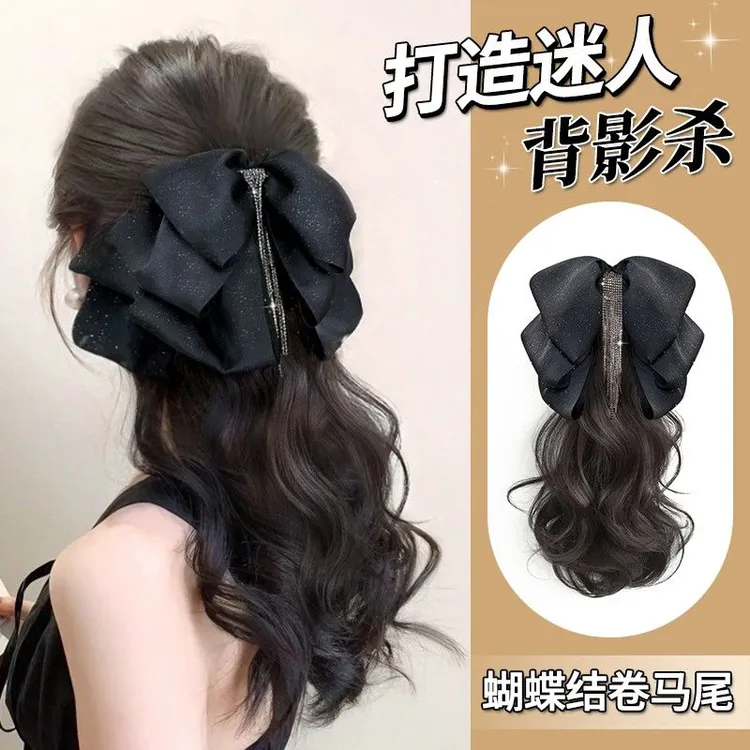 假发马尾温柔女流苏蝴蝶结抓夹微卷气质女神仿真发低扎高扎马尾