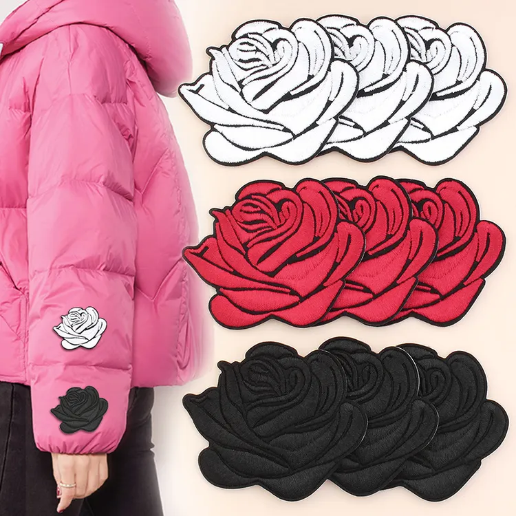 自粘玫瑰花布贴补丁贴花朵刺绣无痕免缝修补衣服破洞装饰大号贴花
