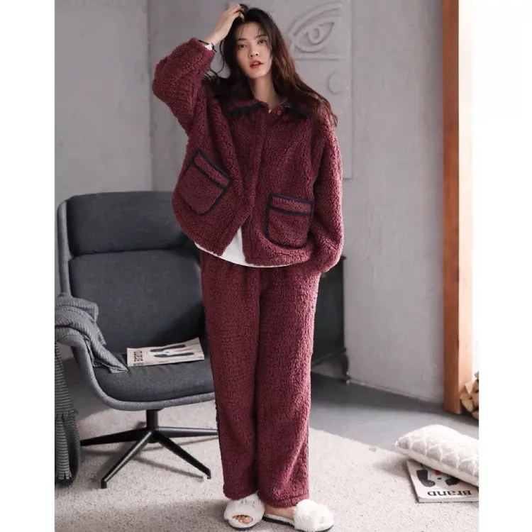 珊瑚绒睡衣女冬天加绒加厚羊羔绒女士暗红色家居服秋冬季保暖套装
