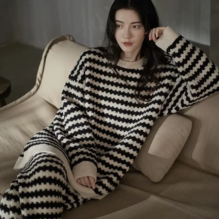秋冬季新款双面绒条纹长袖睡衣女加厚加绒半边绒保暖家居服