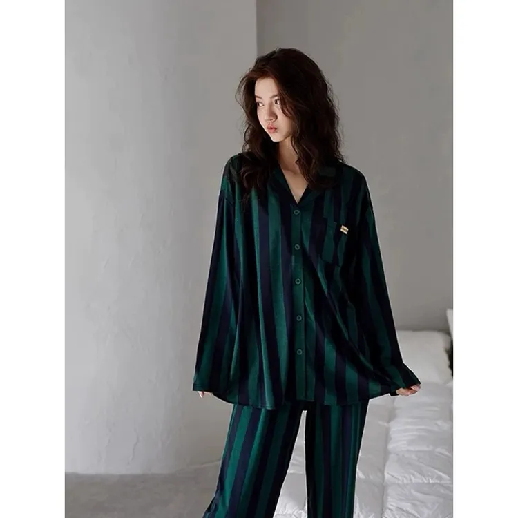 全棉长袖简约睡衣女新款春秋季100%纯棉家居服时尚条纹套装可外穿