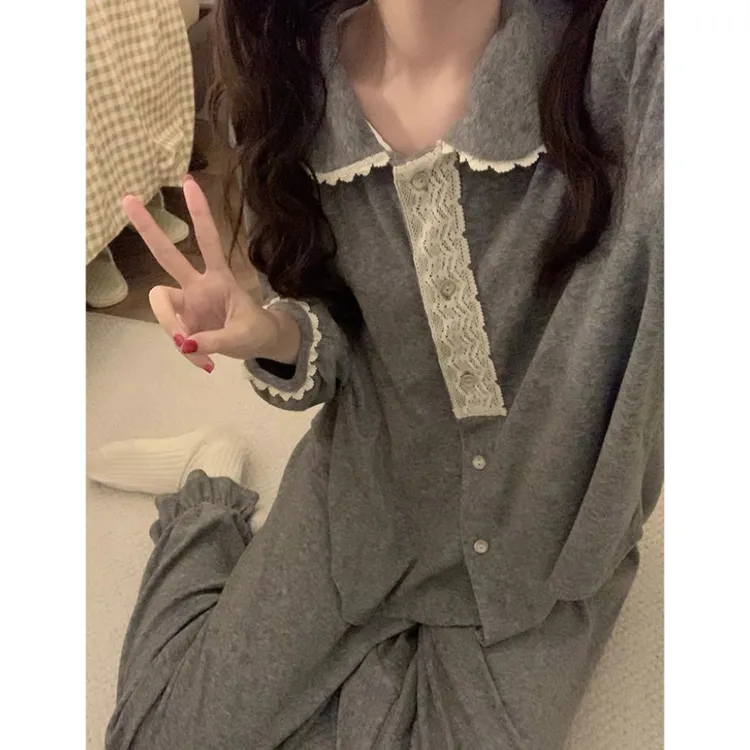 甜美可爱蕾丝边睡衣女ins风秋冬季韩版新款可外穿家居服