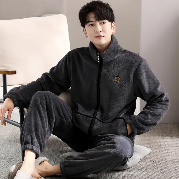 2025男款高端暖绒套装可外穿男士秋冬法兰绒睡衣拉链立领家居服男