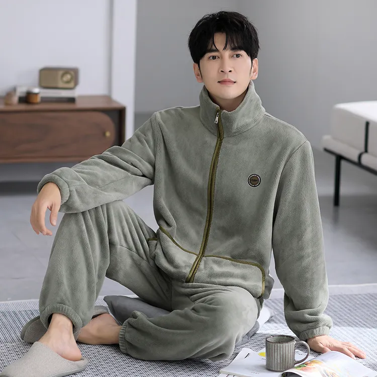 2025男款高端暖绒套装可外穿男秋季高档睡衣拉链立领法兰绒家居服
