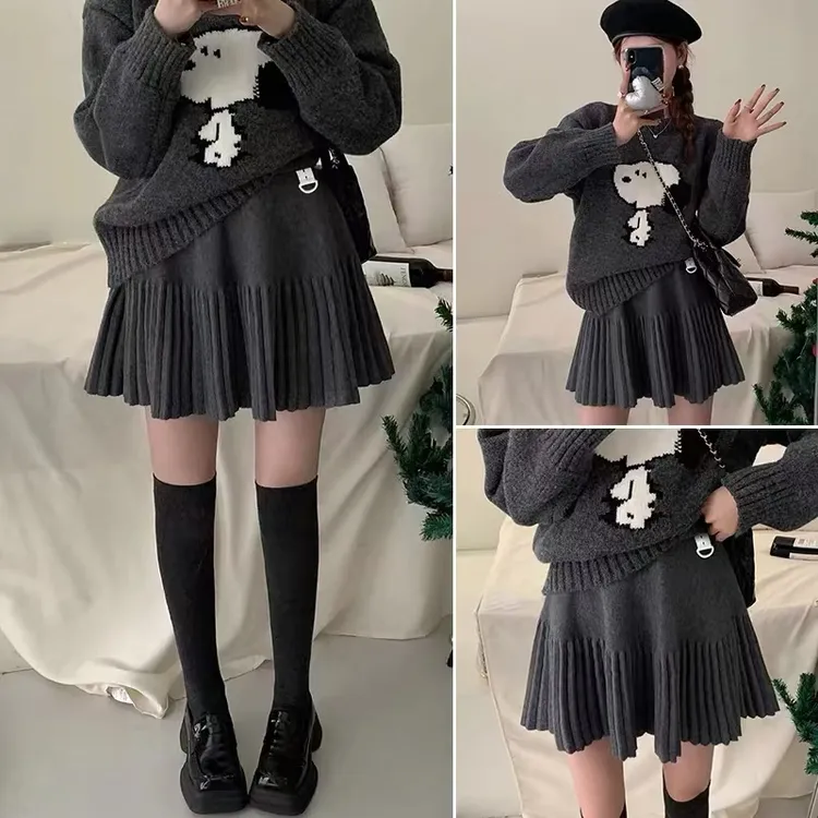 OYRS秋冬新款洋气小个子大码女装百搭高腰A字裙针织百褶裙女