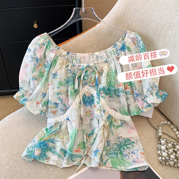 甜美田园风花朵减龄绑带碎花衬衫女夏新款宽松短袖小衫上衣