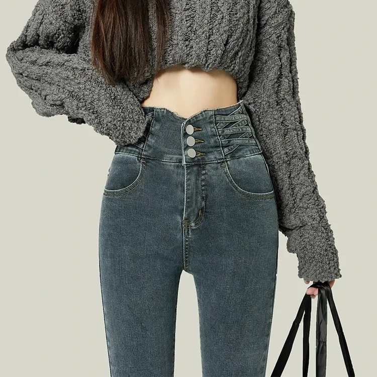 高腰小脚裤加绒牛仔裤女冬季弹力修身百搭紧身显瘦浅色牛仔裤加绒