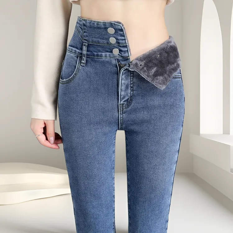 秋冬季加绒修身小脚牛仔裤女士显瘦高腰冬厚款百搭紧身弹力铅笔裤