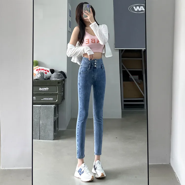 高腰牛仔裤女春秋季新款韩版紧身显瘦修身小脚小个子九分铅笔裤潮