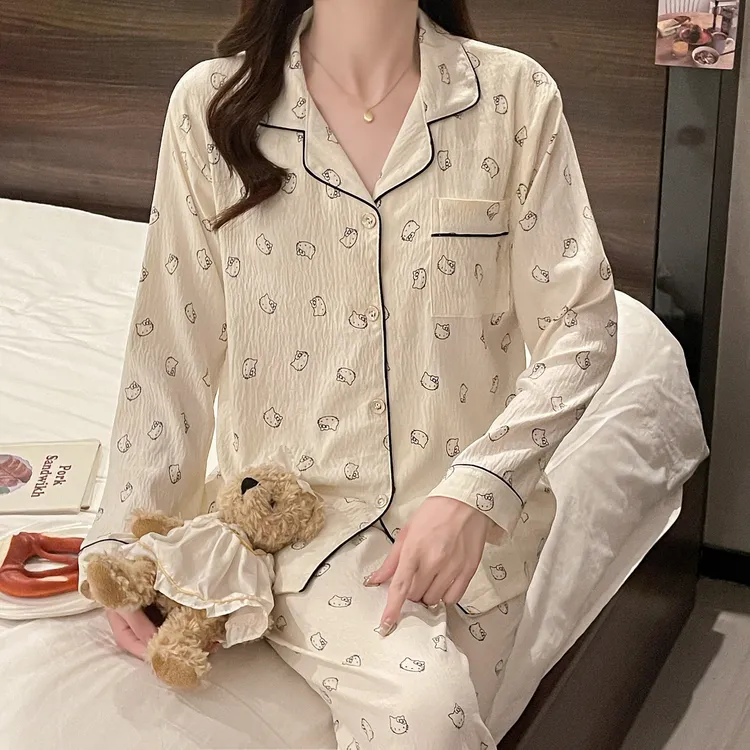 睡衣女套装春秋新款带胸垫网红爆款卡通女士长袖长裤可外穿家居服