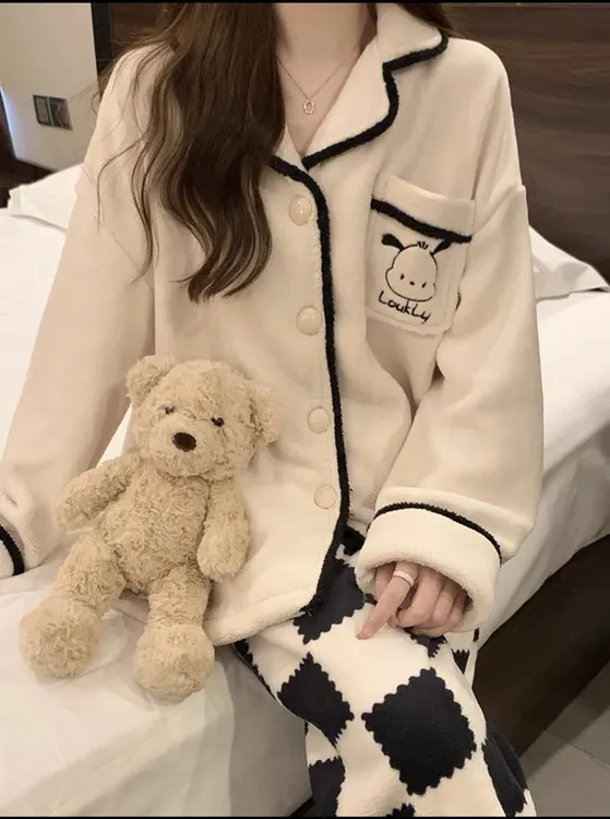 珊瑚绒长袖女款加绒春秋冬季2024年学生加厚卡通法兰绒家居服套装