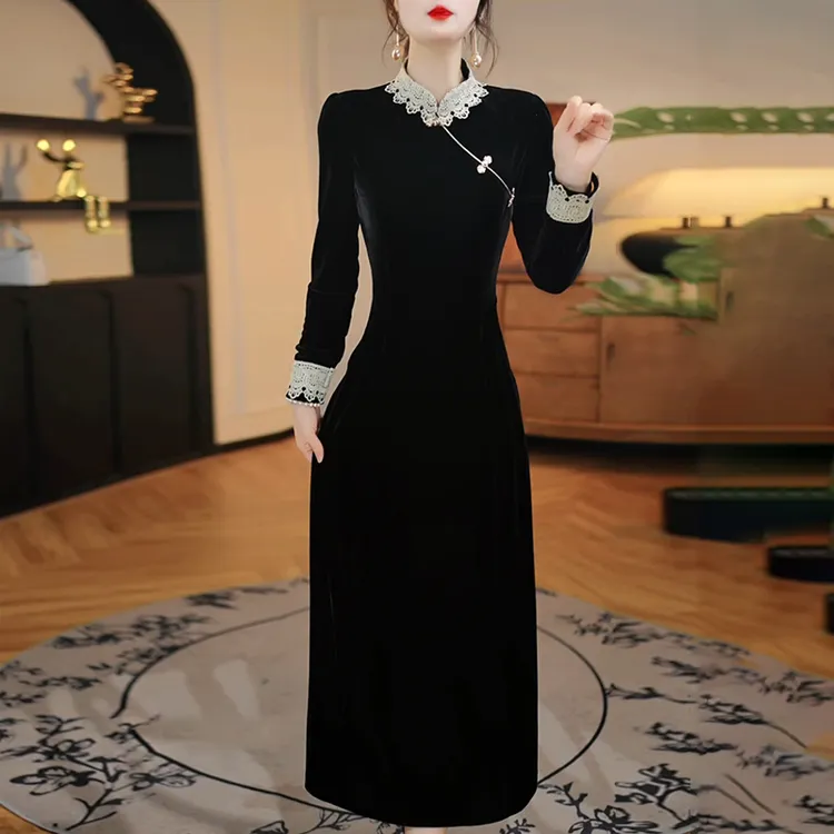 改良旗袍连衣裙2024新款女秋冬高端修身洋气质妈妈加厚配大衣裙子