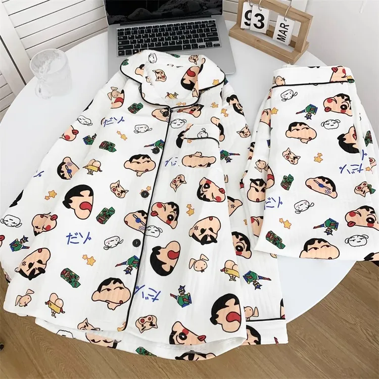 空气棉夹层情侣款睡衣女秋冬季加厚日系蜡笔小新可爱卡通男家居服