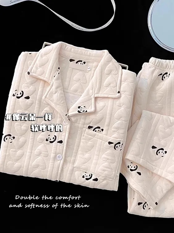 卡通熊猫空气棉睡衣男女秋冬加厚夹层长袖学生情侣大码套装家居服