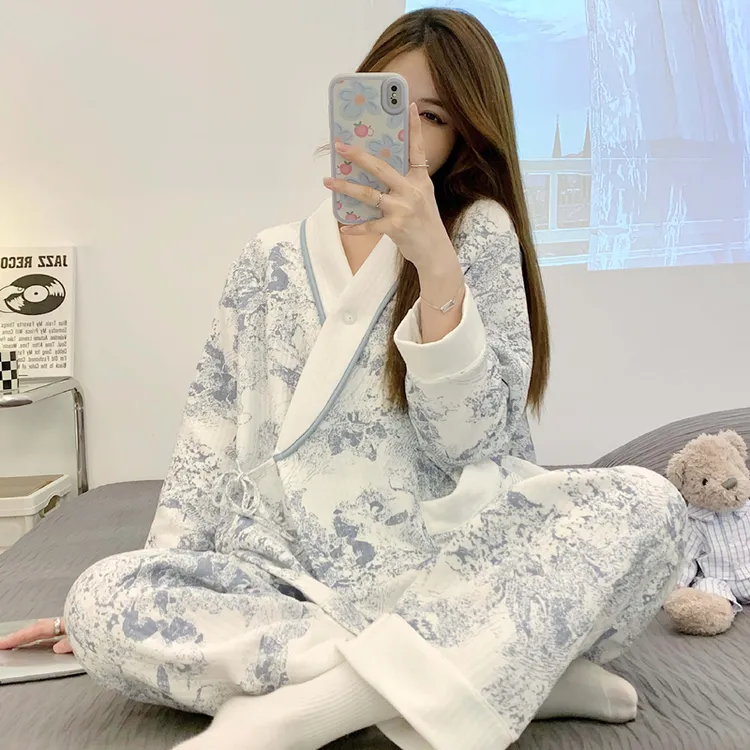 和服空气棉月子服秋冬款产后纯棉加厚冬季孕妇待产哺乳期喂奶睡衣