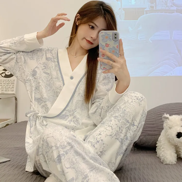 纯棉月子服产后春秋大码哺乳和服孕妇睡衣夏季薄款喂奶家居服套装