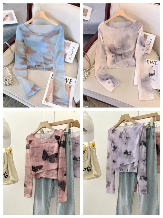 不规则晕染印花网纱长袖T恤女秋季新款设计感短款防晒衫罩衫上衣