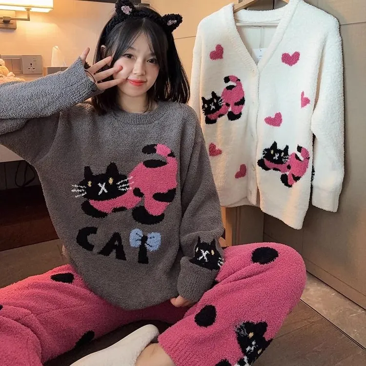 可爱睡衣女款秋冬季半边绒套头套装加绒加厚保暖新款家居服可外穿