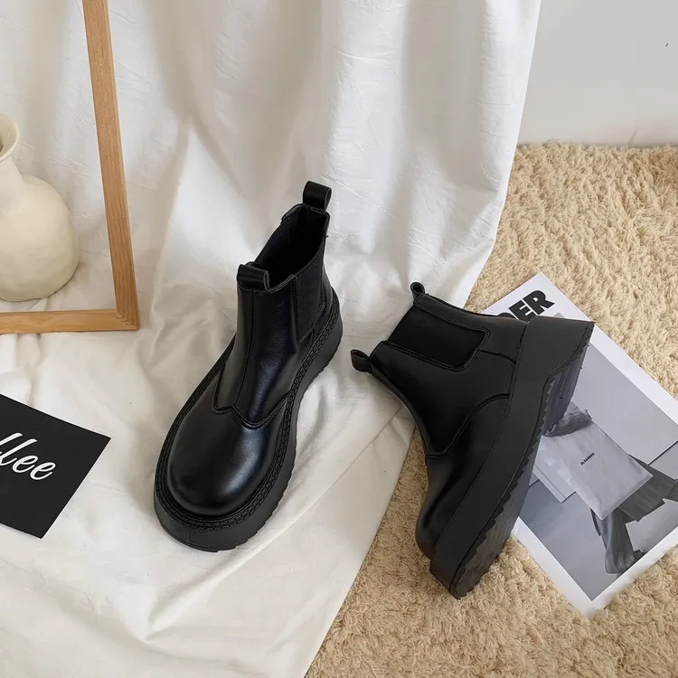 马丁靴女英伦风漆皮短靴大头切尔西靴子2024年新款厚底秋冬季加绒