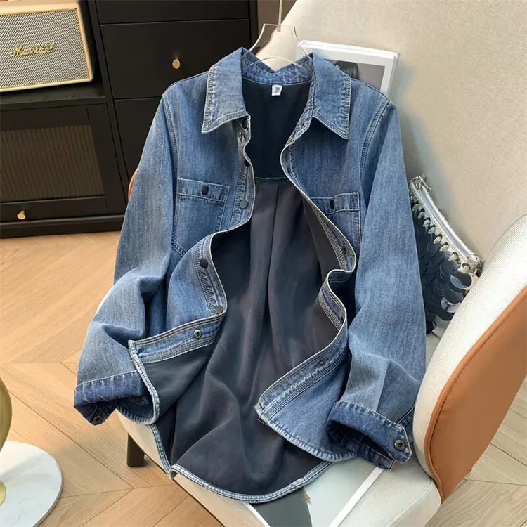 爆款加绒宽松加厚牛仔衬衫新款上衣复古浅蓝色休闲冬季外套衬衣女