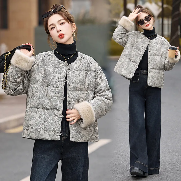 新中式国风复古提花羽绒服女2025冬季新款时尚气质白鸭绒短款外套