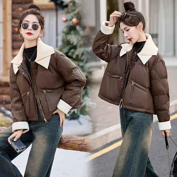 针织拼接翻领皮衣羽绒服女2025冬季新款宽松小个子减龄白鸭绒外套