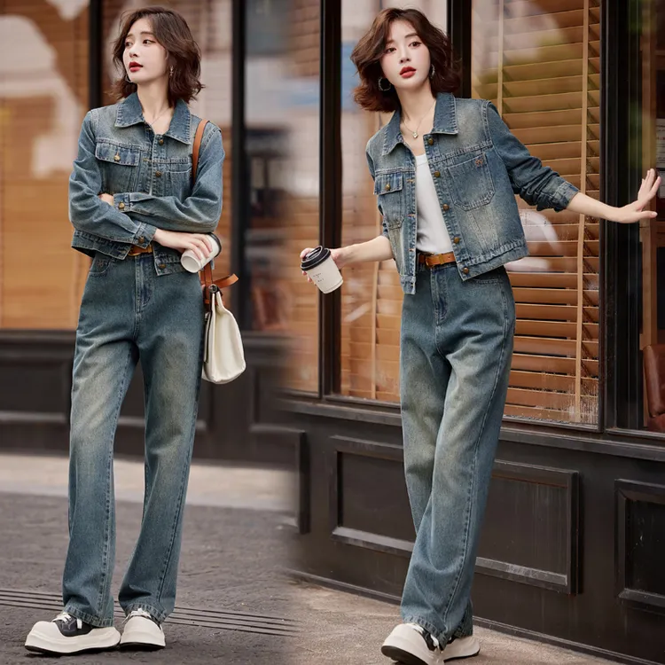 复古牛仔套装女2025春秋新款休闲时尚洋气减龄短外套阔腿裤两件套