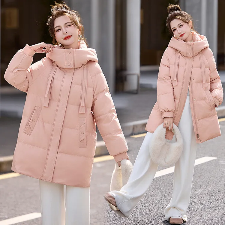 时尚连帽羽绒服女2024冬季新款洋气减龄加厚保暖白鸭绒中长款外套