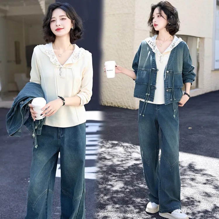 休闲时尚牛仔套装女2025春秋新款高级感连帽卫衣工装阔腿裤三件套