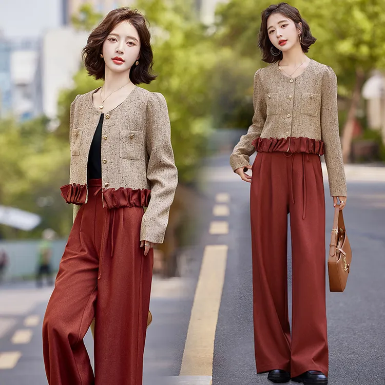 法式小香风套装女2025春秋新款时尚洋气减龄高腰显瘦阔腿裤两件套