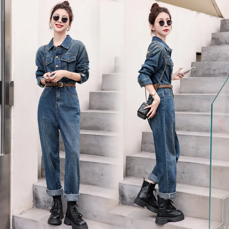 休闲时尚复古牛仔连体裤女2025春秋新款高级感高腰显瘦工装连衣裤