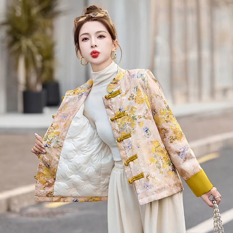 新中式国风印花羽绒服女2024冬季新款复古盘扣唐装白鸭绒短款外套