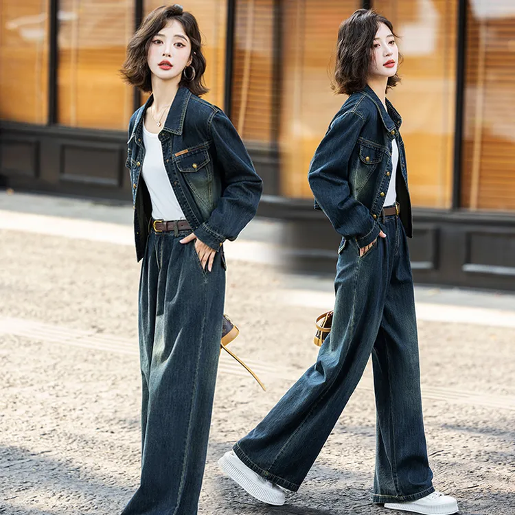 休闲时尚牛仔套装女2025春秋新款时髦洋气减龄短外套阔腿裤两件套