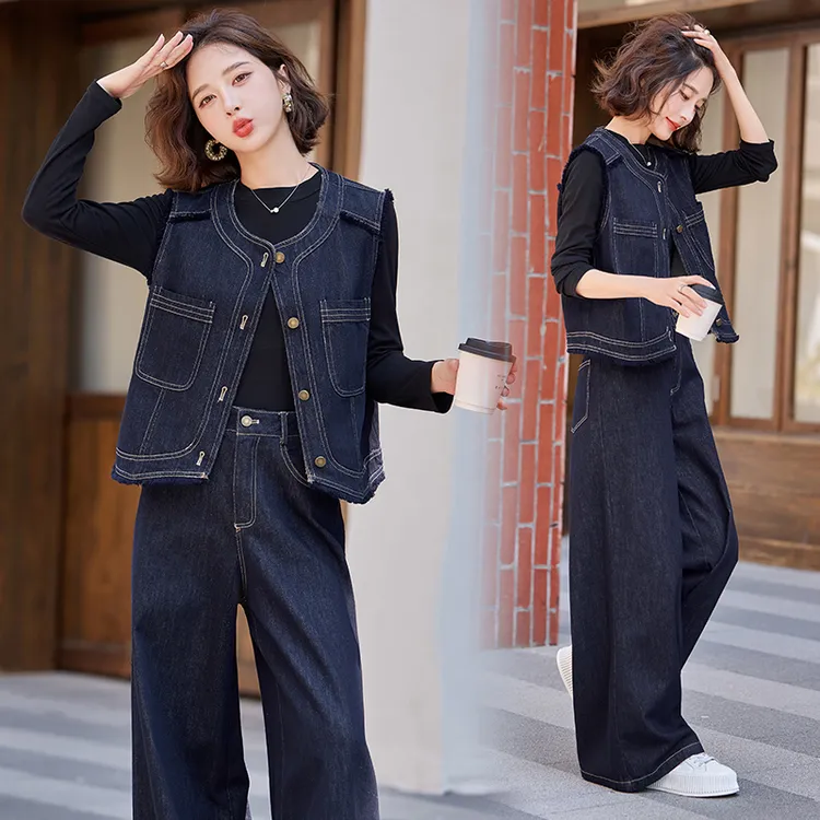 休闲时尚牛仔马甲套装女2025年秋装新款洋气减龄工装阔腿裤三件套