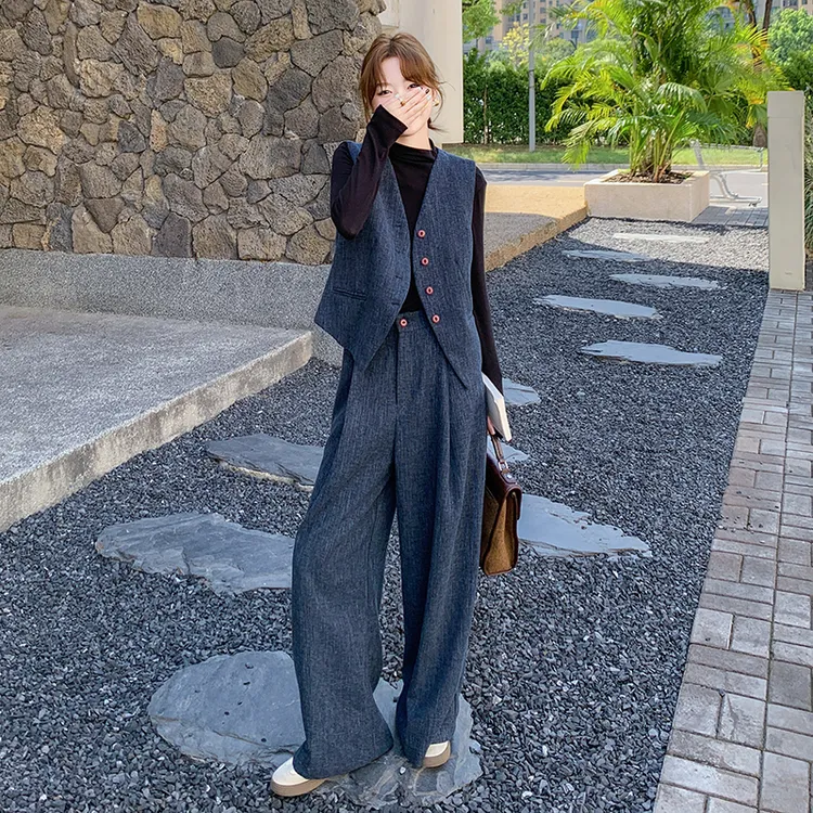 休闲时尚复古马甲套装女2025春秋新款韩系高级感气质阔腿裤两件套